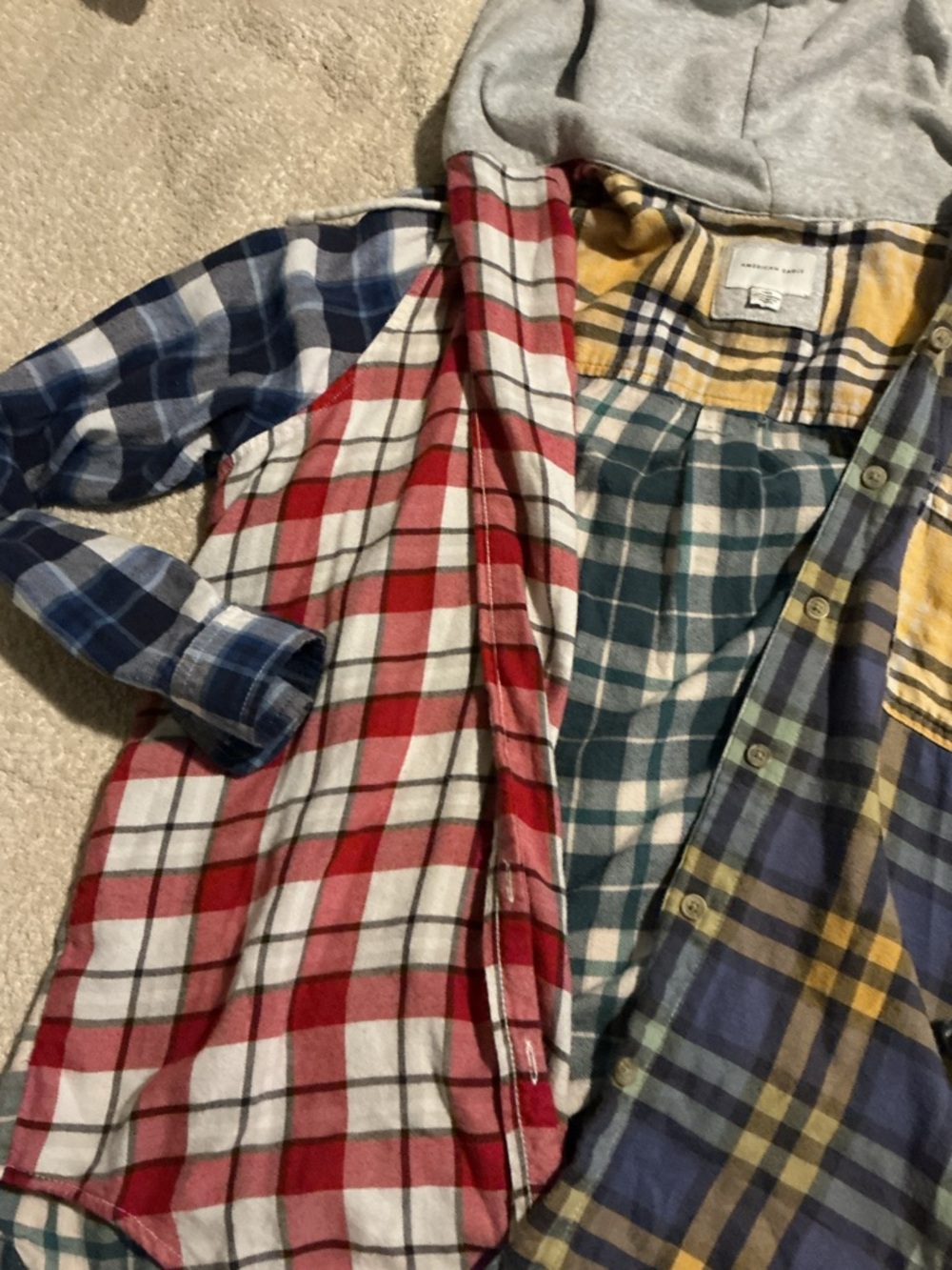 American Eagle Yellow and Navy Plaid Hooded Shirt Jacket